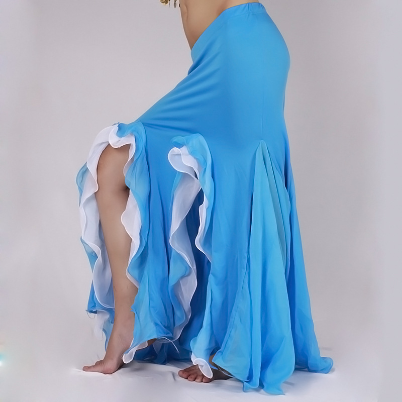 肚皮舞裙子 双色包臀长裙 肚皮舞鱼尾裙 舞蹈表演裙 开叉舞蹈裙