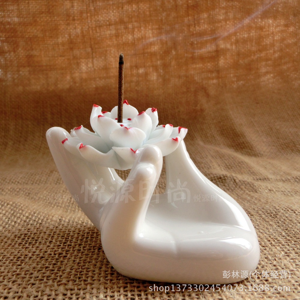 佛手托莲香插 景德镇手工陶瓷饰品香炉摆件 茶宠香器 荷花立香炉