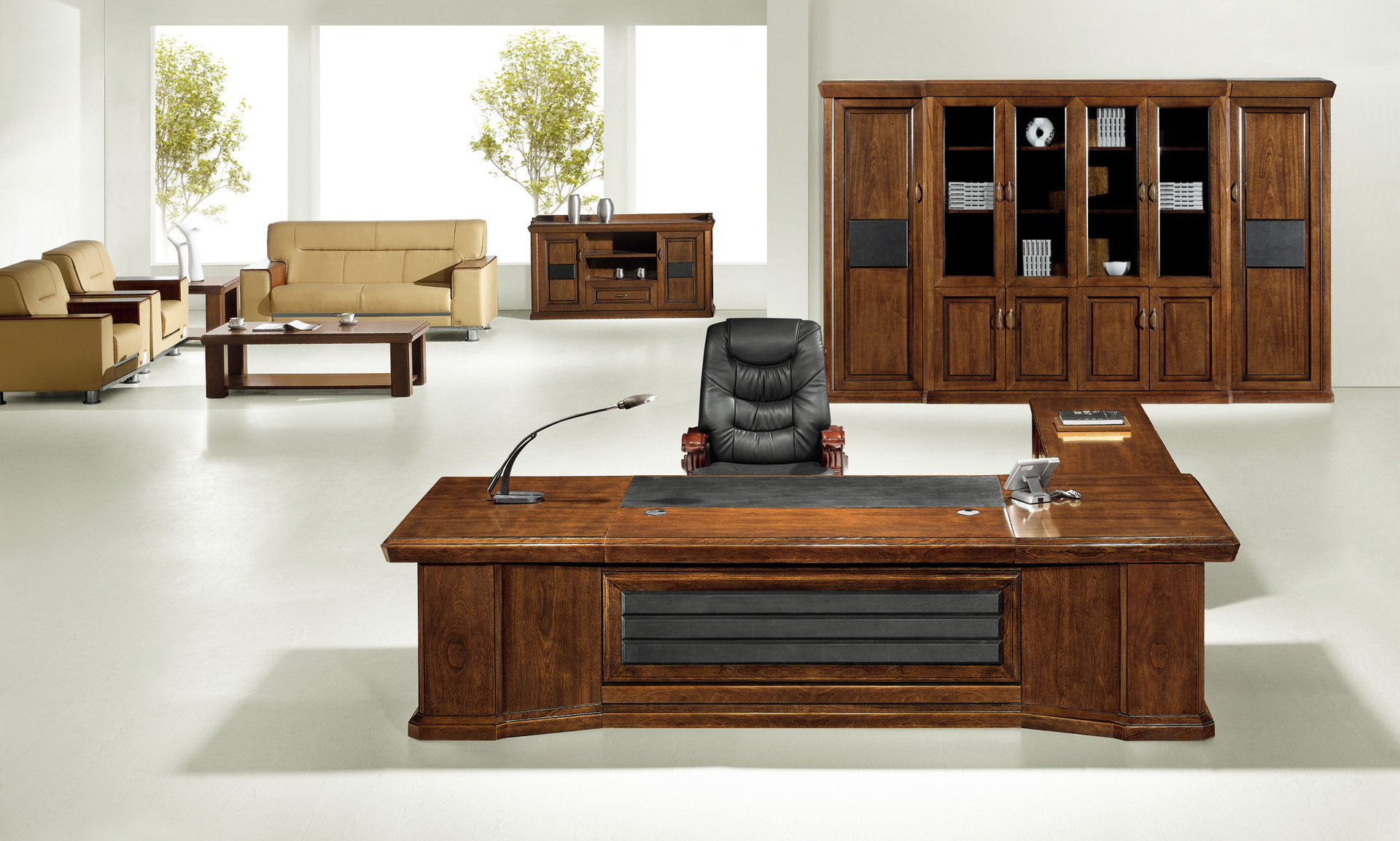 广东厂家办公家具工程配套-油漆班台高档办公桌老板桌经典大班桌