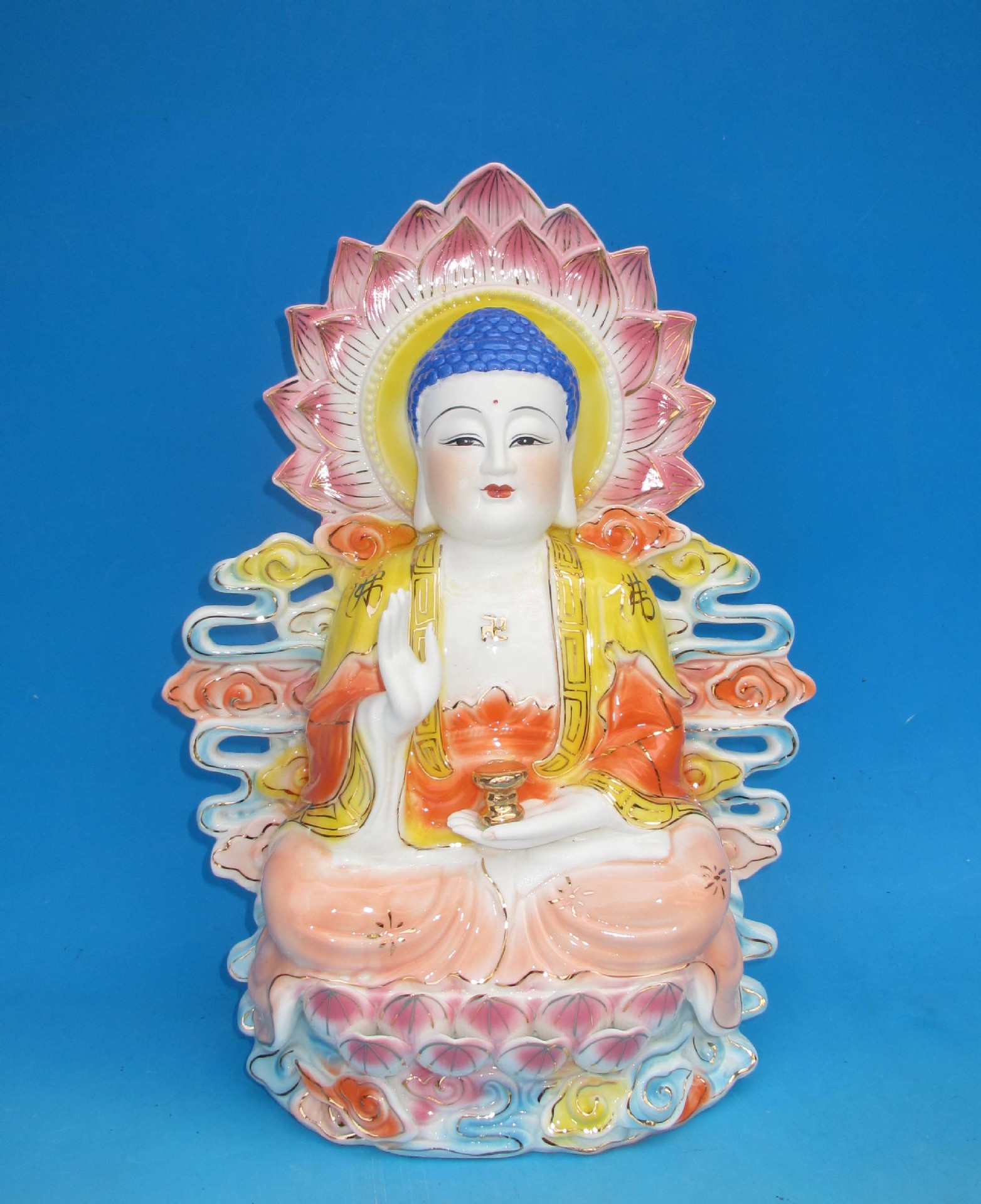 14寸德化瓷五彩吉祥坐观音 潮州陶瓷佛像批发,陶瓷佛像