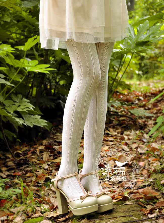 森女 复古蕾丝镂空丝袜连裤袜 白色日系袜子 女打底袜