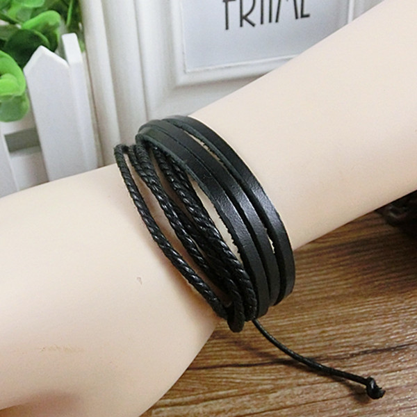欧美闺蜜手链饰品 皮质黑色多层手绳男 手编织皮绳手链情侣手串