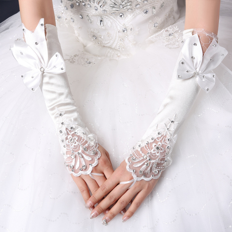 Bridal Gloves Wedding Dress Hook Finger Small Flower Bowknot Crystal Mid-Length Satin Embroidery Fingerless Small Flower Lace Hollow out Oversleeves