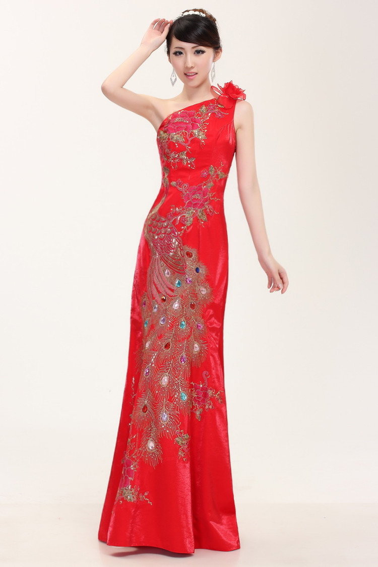 新娘婚纱礼服 时尚中式改良鱼尾旗袍单肩结婚敬酒旗袍