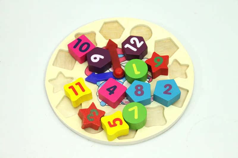 卡通兔子数字时钟 形状积木配对 早教类益智玩具 木制儿童玩.