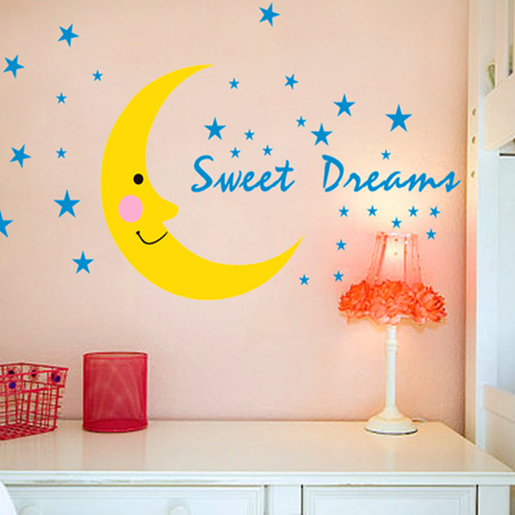 甜蜜梦乡儿童房装饰贴纸 卧室床头装饰墙贴 手绘风甜梦月亮jm8308