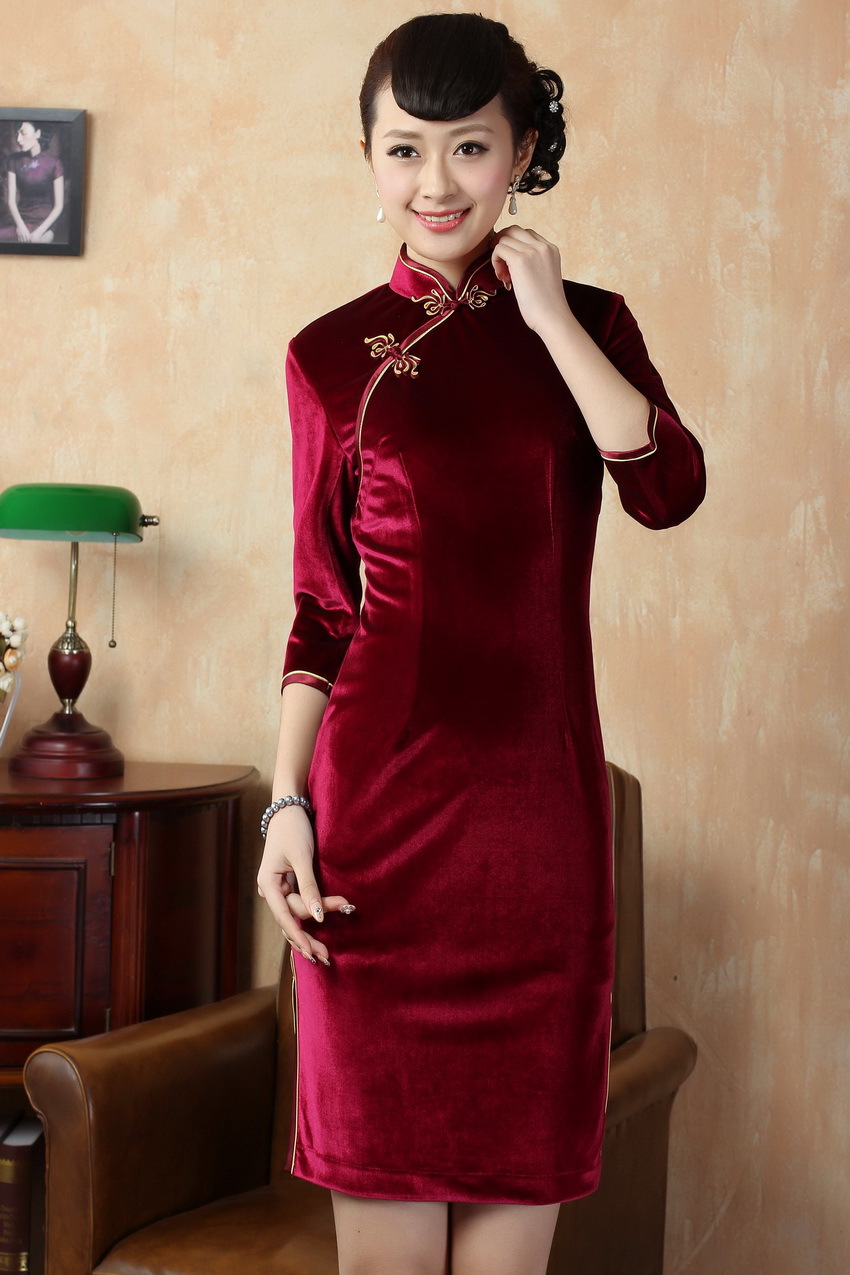 批发唐装旗袍td0005 新款纯色雍容华贵弹力真丝绒旗袍七分袖