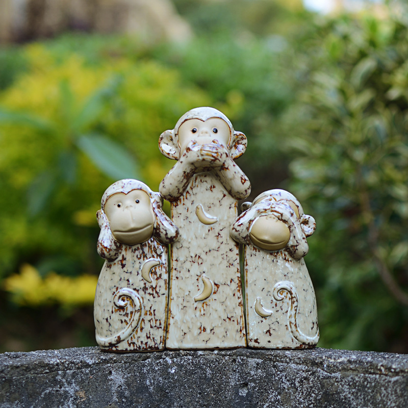 直播货源陶瓷工艺品 动物组合三不猴摆件子 咖啡厅创意摆件d-45