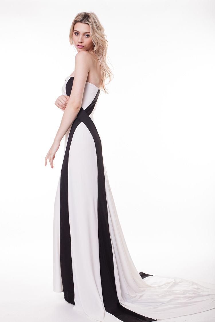 欧美明星同款弹力罗马布黑白条抹胸鱼尾长款宴会年会晚礼服