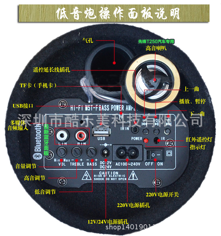 车载6寸方形车载低音炮汽车炮筒插卡音响12v24v220v车载低音炮