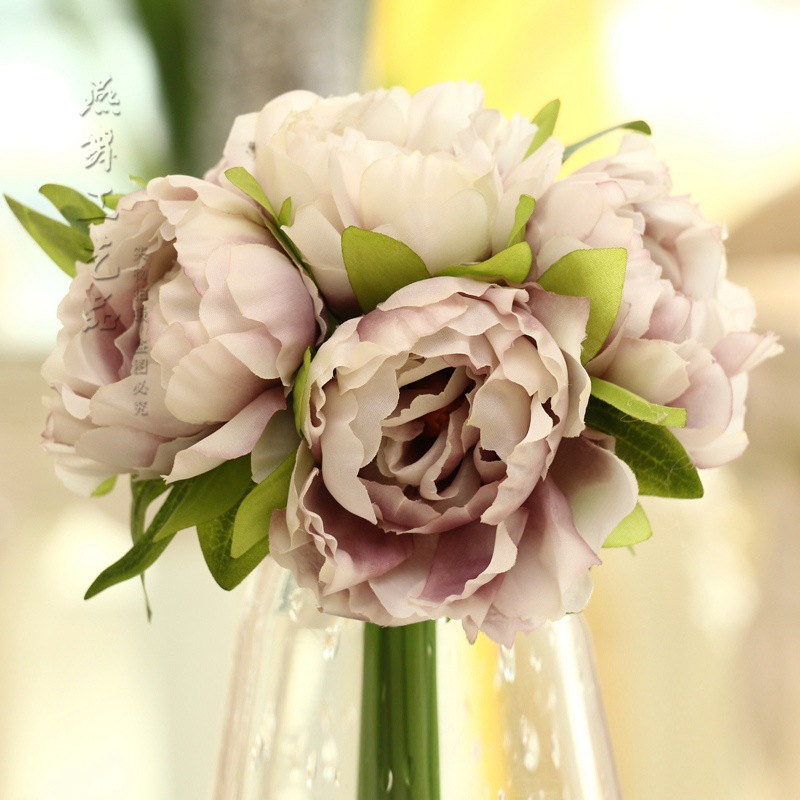 欧式5头扎束牡丹仿真花 手捧小牡丹 家居装饰婚庆新娘手捧花批发