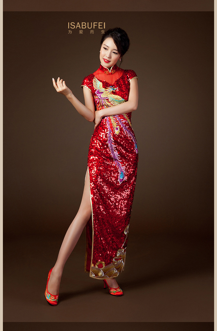 女式新款高端中国红亮片绣花凤凰祥云旗袍
