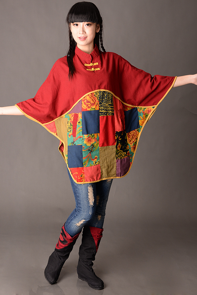 特价不退换秋装拼布洗水做旧蝙蝠衫怀旧色斗篷衬衫衬衣