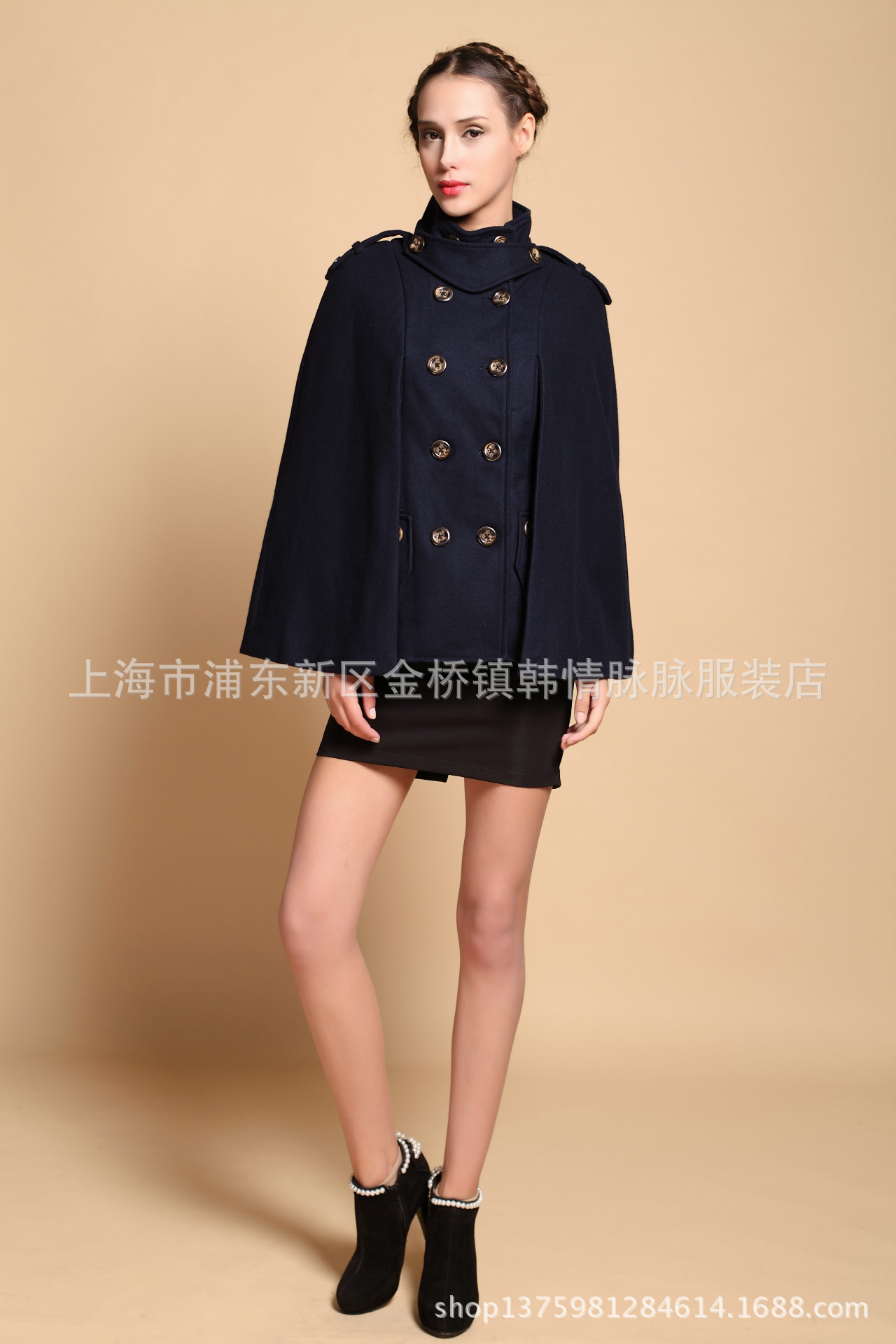 亚马逊卖通ebay爆款秋冬欧美风范军装斗篷式披风双排扣毛呢外套女