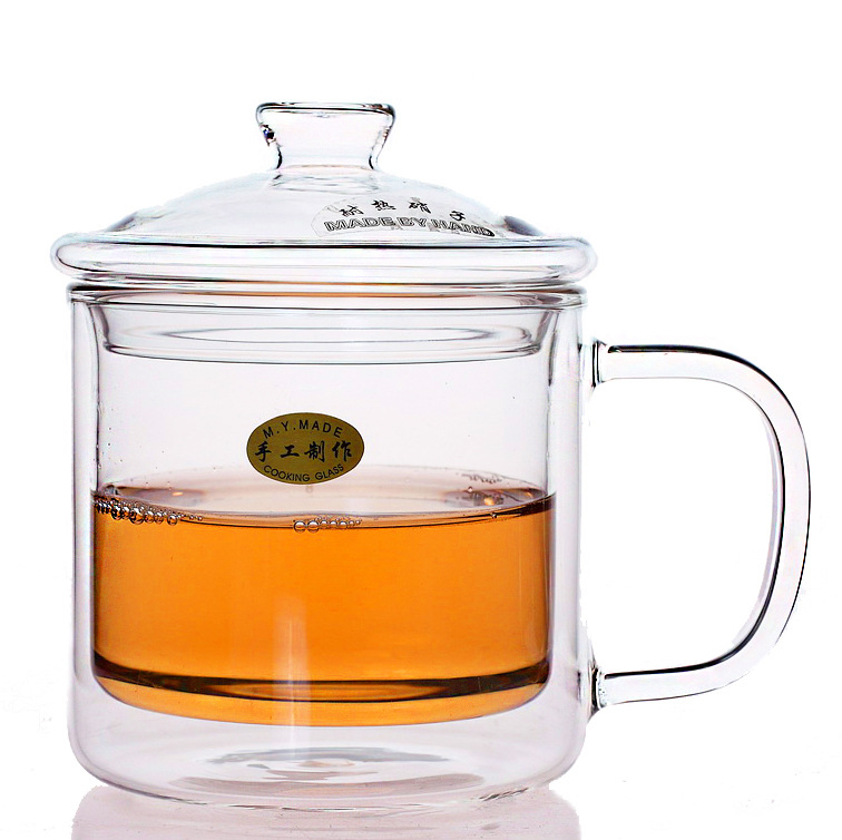 耐高温双层玻璃茶缸复古茶缸 玻璃花茶杯带盖 泡茶杯玻璃水杯