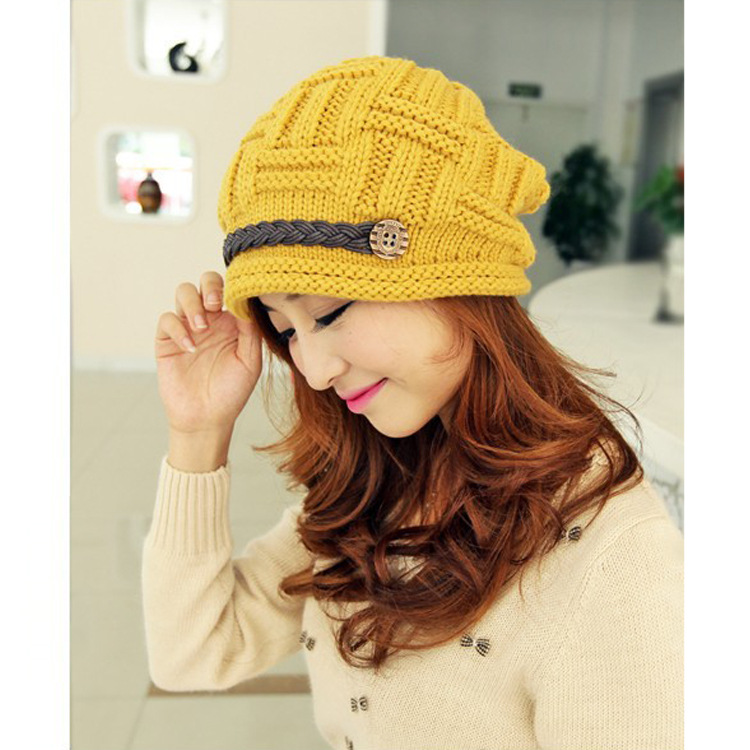 成人冬季女士时尚保暖针织帽 皮链帽毛线帽子冬帽批发 针织毛线帽