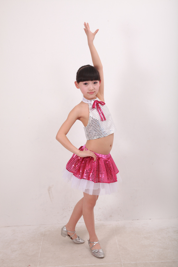 2014儿童表演服舞蹈服亮片网纱短裙丝带