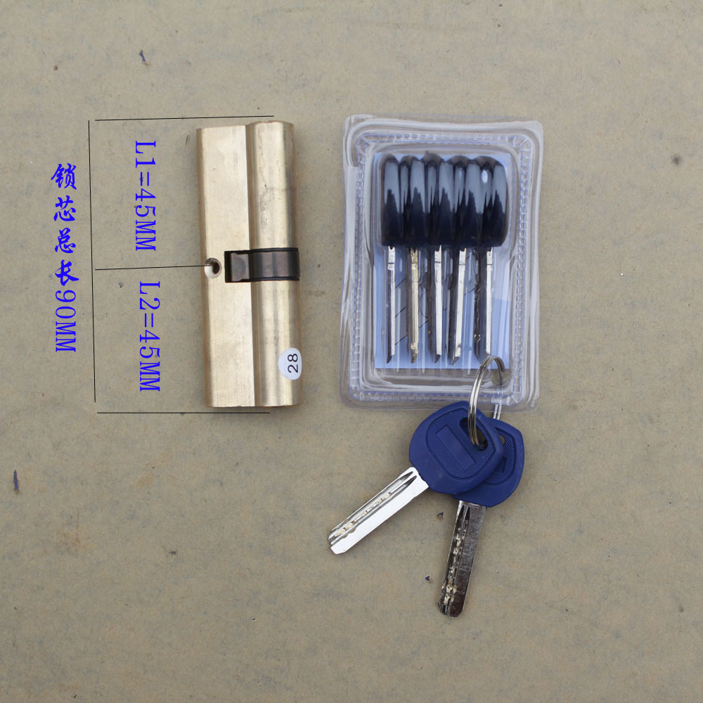 恒阳锁防盗门纯铜电脑槽abc普装90中锁芯 双开一字全铜锁头钥匙