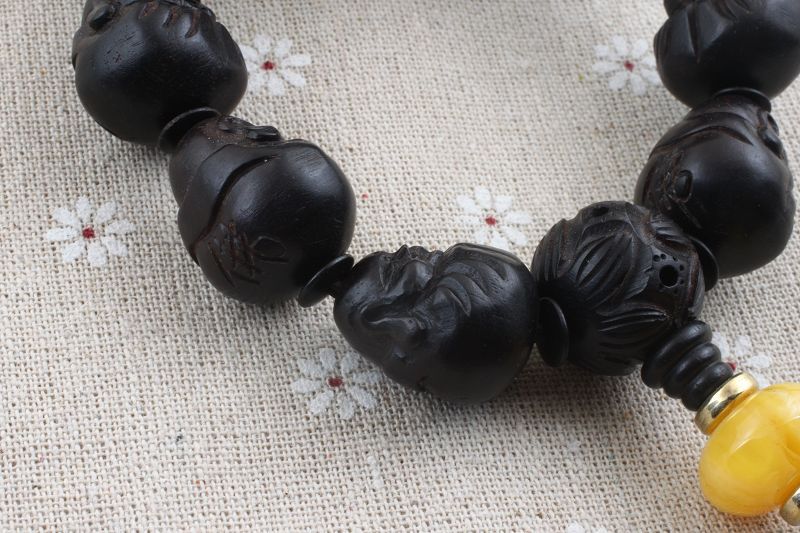 天然皮灰木佛珠手链 纯手工雕刻 20mm弥勒佛佛头珠 黑檀佛珠手串
