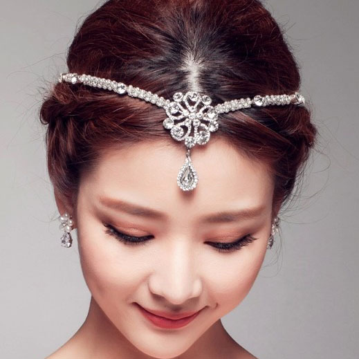 xb15新款高端手工水钻珍珠额饰头饰皇冠新娘眉心坠额头链黛娜工厂