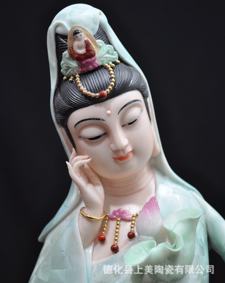【上美】德化陶瓷20吋彩绘描金静思观音结晶釉观音菩萨佛像摆件