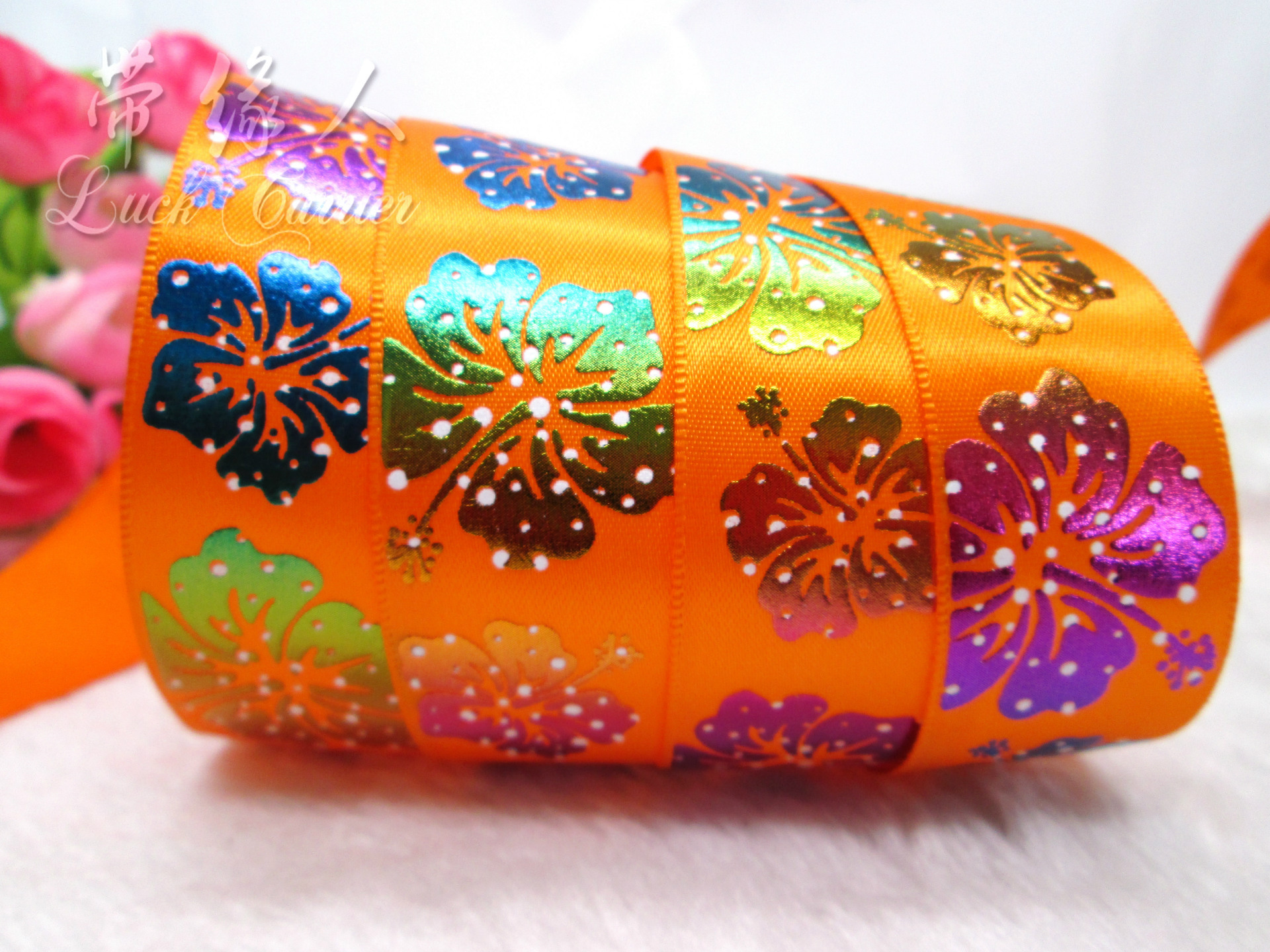 厂家批发 25mm彩金印刷 礼品包装 diy包装饰品辅料涤纶织带缎带