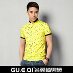 【谷翼崎】英伦绅士T恤 立领撞色印花T恤衫批发 小碎花时尚T桖