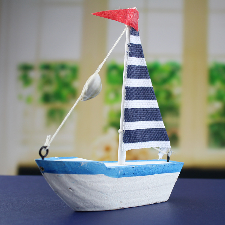 实木帆船 地中海家居摆件 棉布小帆船木质