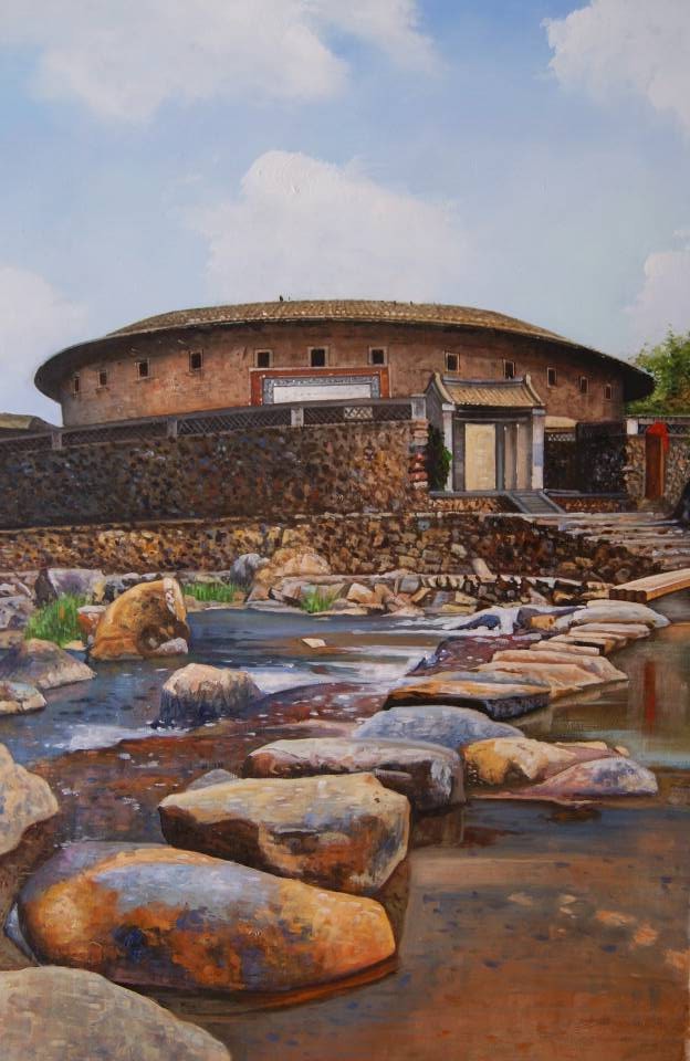 纯手绘福建永定土楼油画厂家直销各种尺寸都可以订制