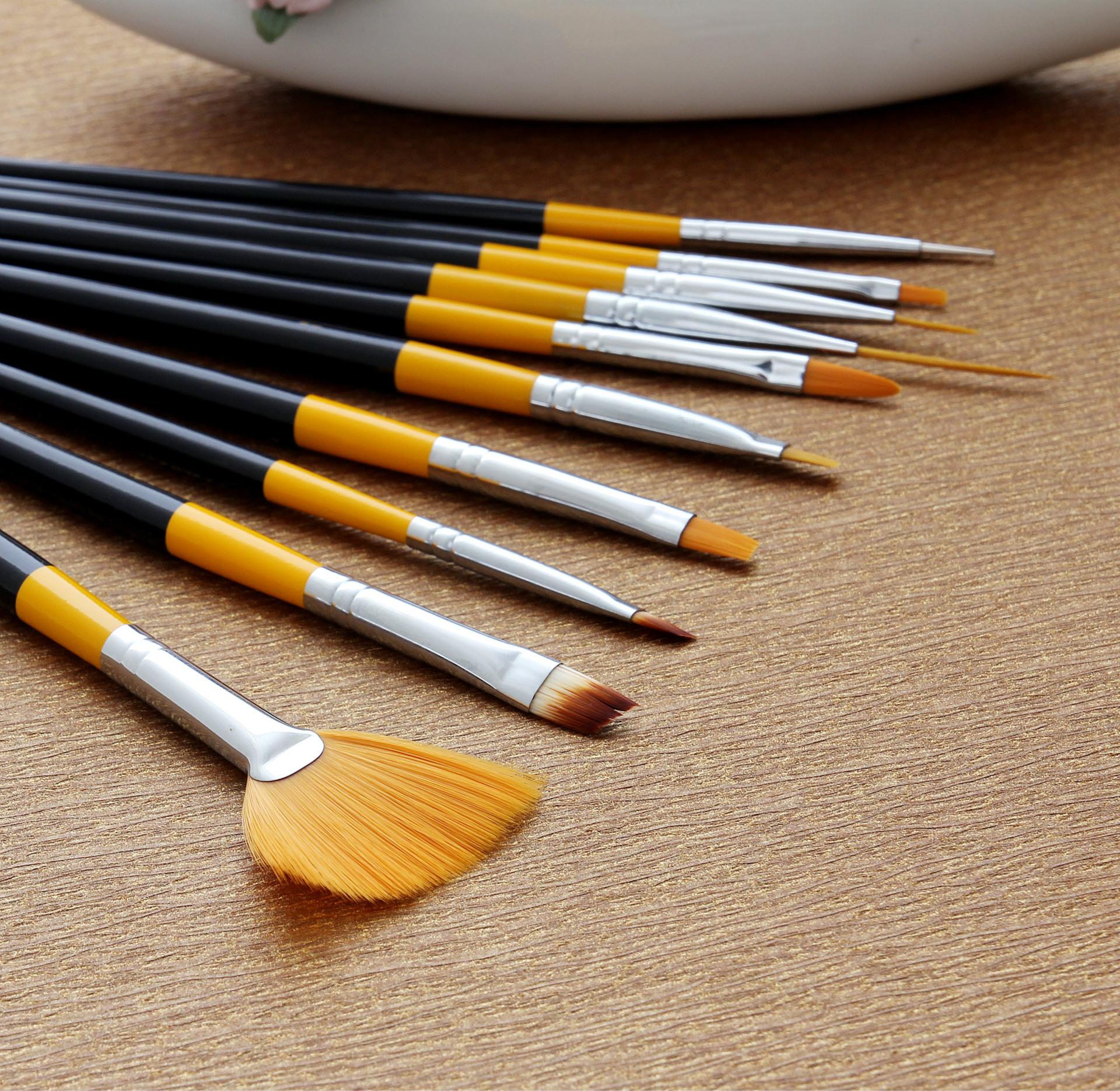 美甲套装笔批发 10支装黑色杆美甲笔刷工具 排笔 绘画笔