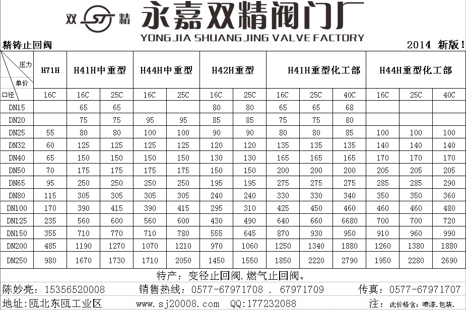 永嘉双精阀门价格表
