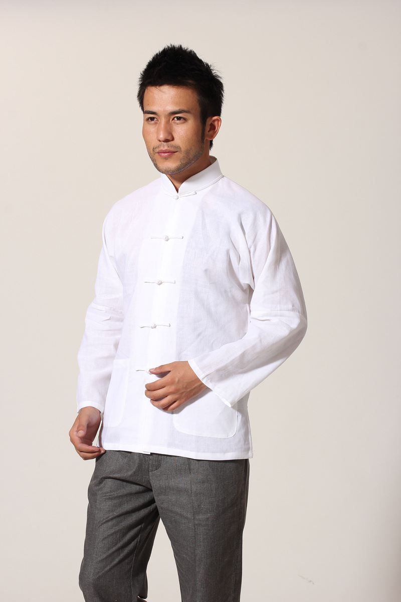 棉麻长袖功夫衫 男士唐装百搭中式老粗布薄款唐装打底衫 白色大码