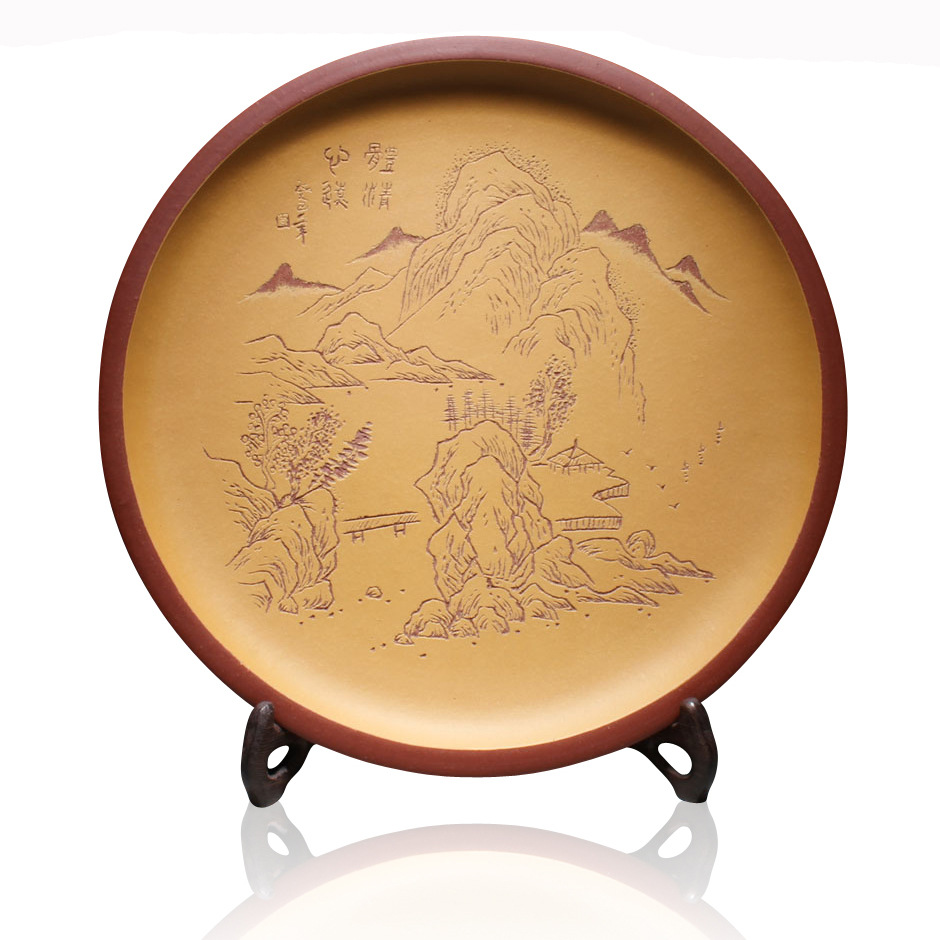 正品手工挂盘 宜兴紫砂雕塑 刻山水摆件 精品艺术盘