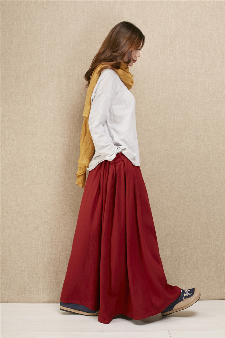 麻凡2019春季新款裙子 简约松紧腰大摆型半身裙 亚麻长裙