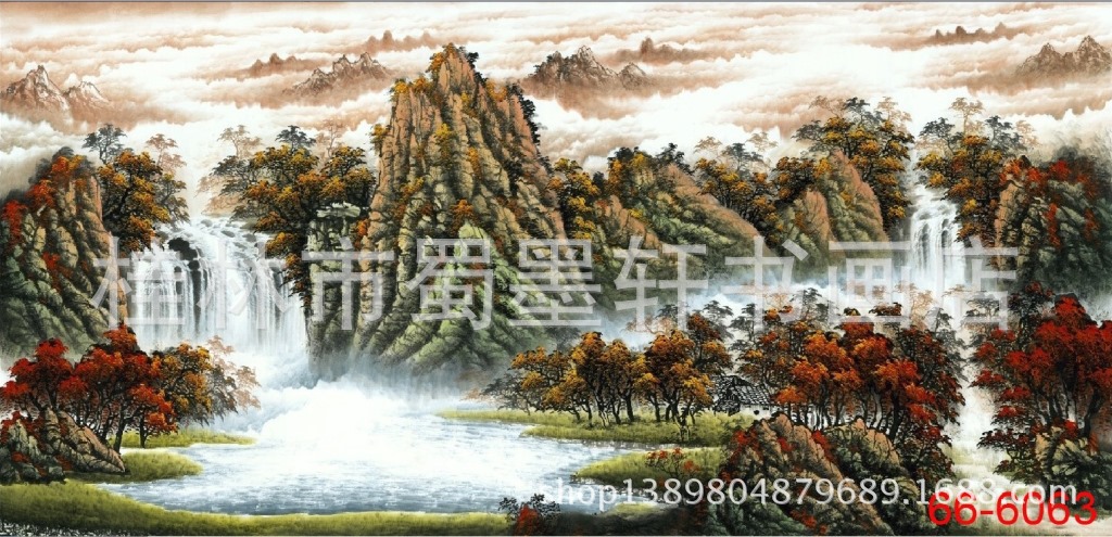 国画 字画 何秋泉山水画 鸿运当头六尺横幅66-6063高仿真画芯批发