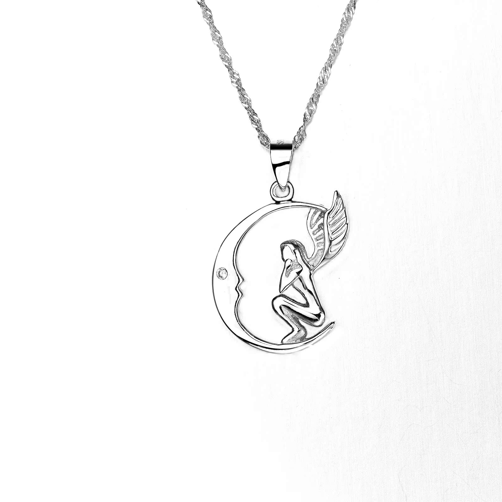 月亮天使吊坠女 批发s925纯银 项链锁骨链饰品 韩版时尚厂家直销