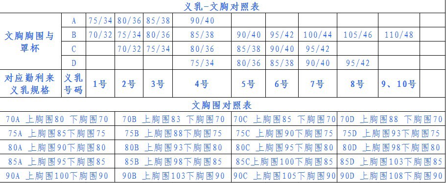 义乳文胸对照表