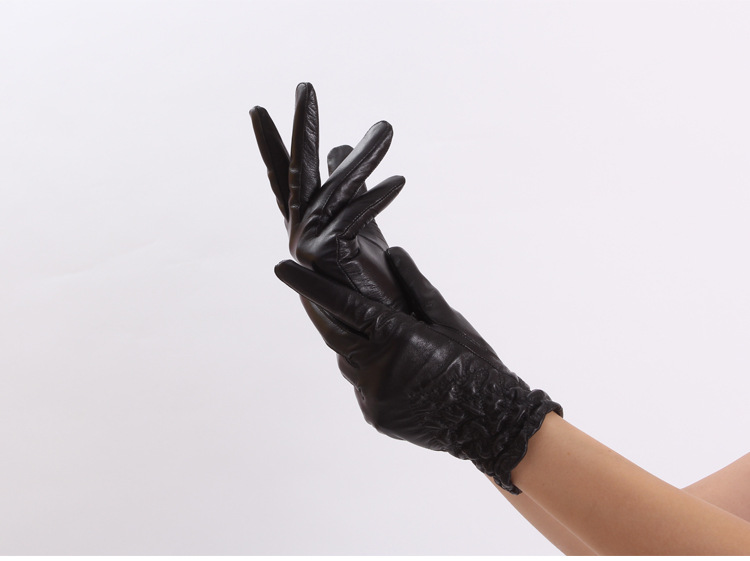 新款时尚褶皱女式手套 柔软绵羊皮保暖透气真皮手套女 冬季手套