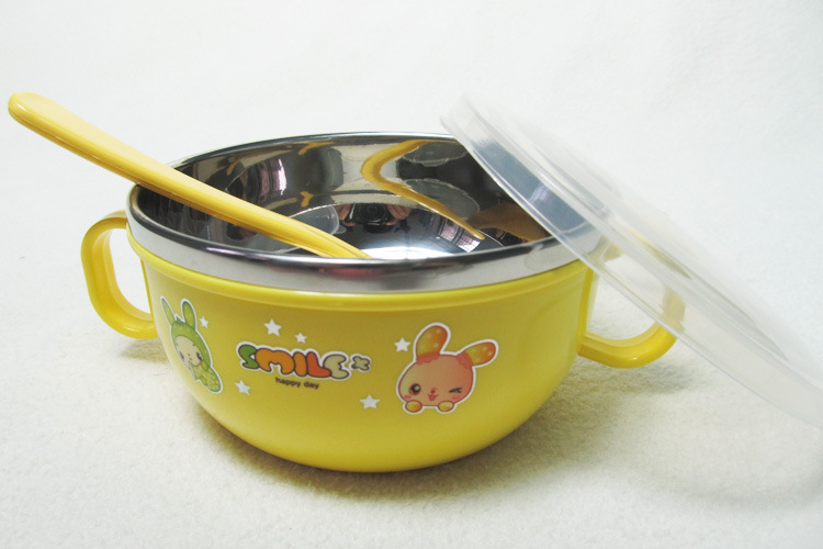 宝宝带盖带手柄不锈钢碗婴儿吃饭碗 pp防摔二件套卡通隔热碗