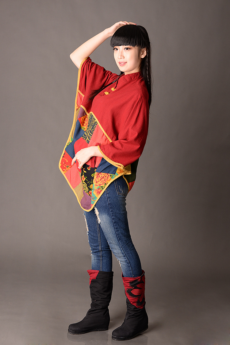 特价不退换秋装拼布洗水做旧蝙蝠衫怀旧色斗篷衬衫衬衣