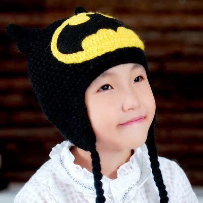 2020年儿童手工帽子蝙蝠侠卡通男童秋冬帽子毛线编织针织帽子