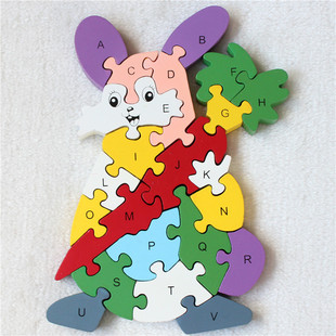 早教用品批发 26英文字母数字认知木制拼图积木 兔子拼图