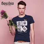 BOSIBIO 2014夏季男式t恤 男士时尚工艺印花t恤高档潮牌莱卡t恤男