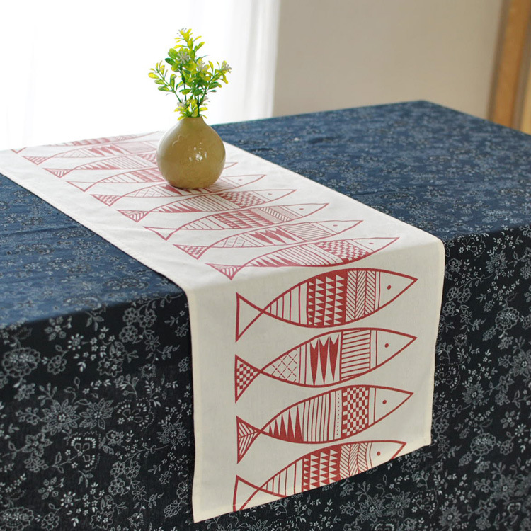 日式现代风格桌旗 柜旗 抽象图腾鱼