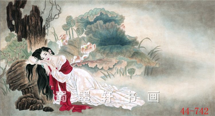 44-742国画字画 人物画睡美人仕女横幅客厅装饰画高仿真画芯批发