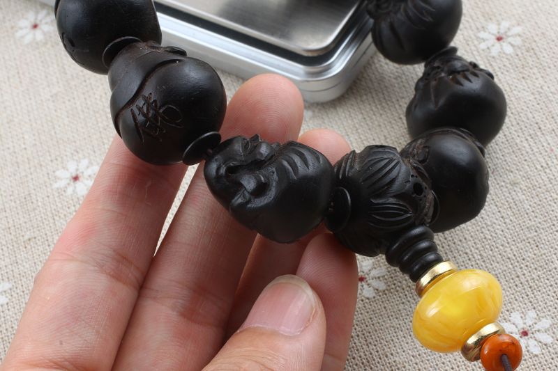 天然皮灰木佛珠手链 纯手工雕刻 20mm弥勒佛佛头珠 黑檀佛珠手串