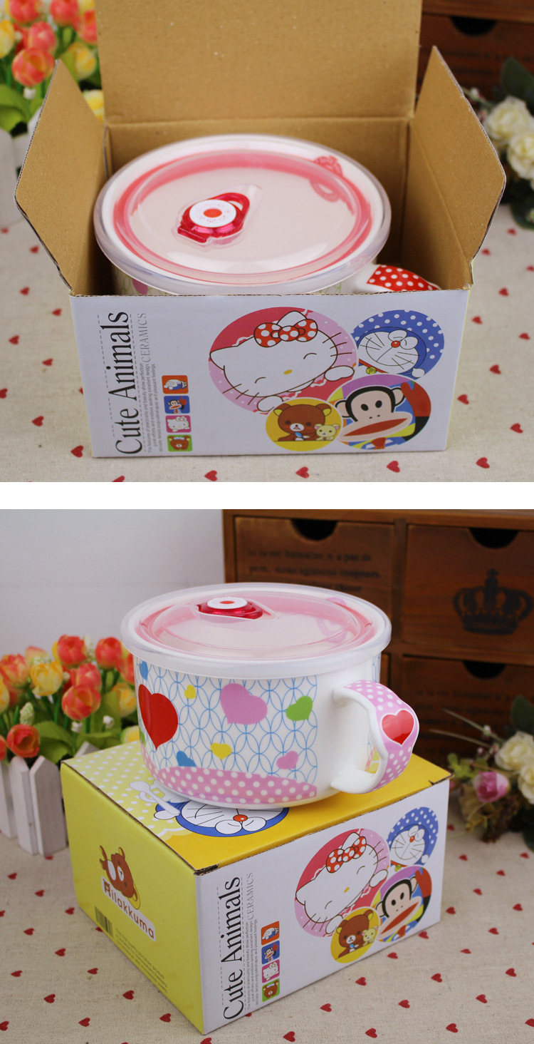 zakka杂货 可爱桃心泡面碗 陶瓷方便面碗 带真空盖保鲜汤碗