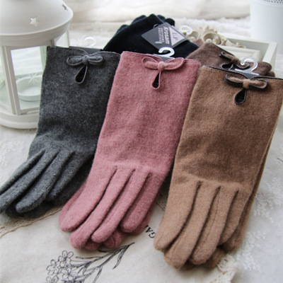批发秋冬外贸日单手套复古蝴蝶结羊绒羊毛女士分指开车手套皮手套