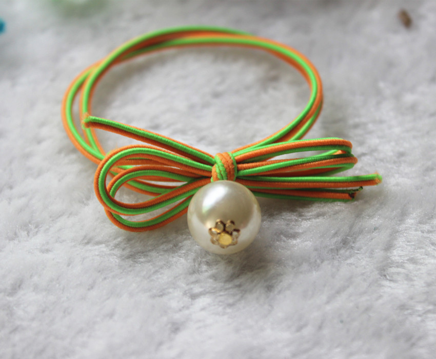 韩版糖果色蝴蝶结打结珍珠吊坠皮筋发绳头绳 新娘发饰头饰品批发