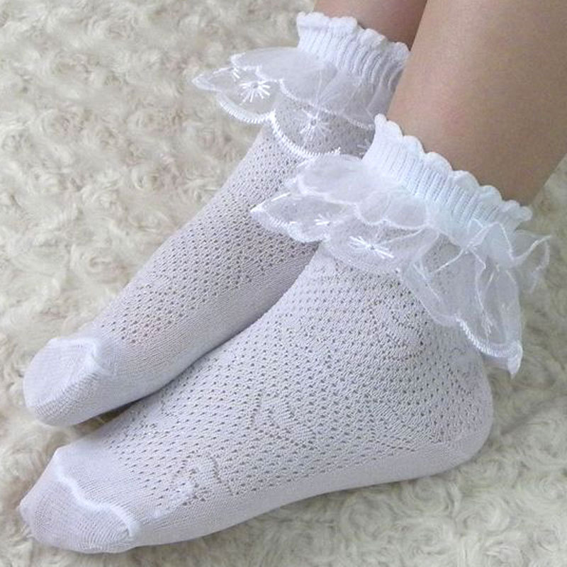 儿童花边短袜冰丝网眼花边白色短袜花边公主袜学生袜子